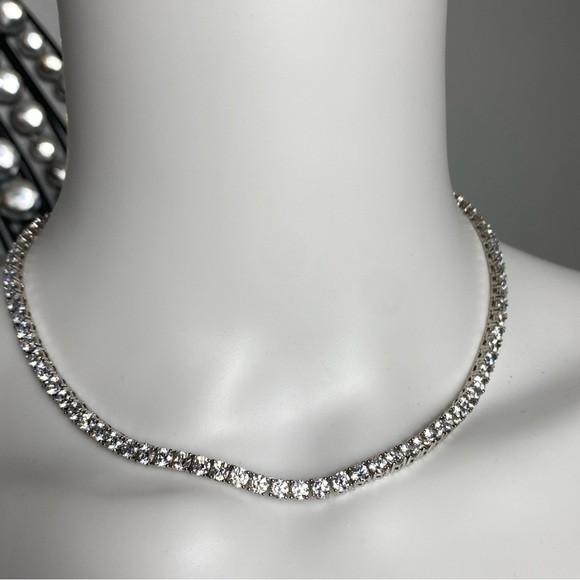 Choker Necklace 925 Sterling Silver China 16” 28.45 Grams Cubic Zircons - Picture 3 of 8